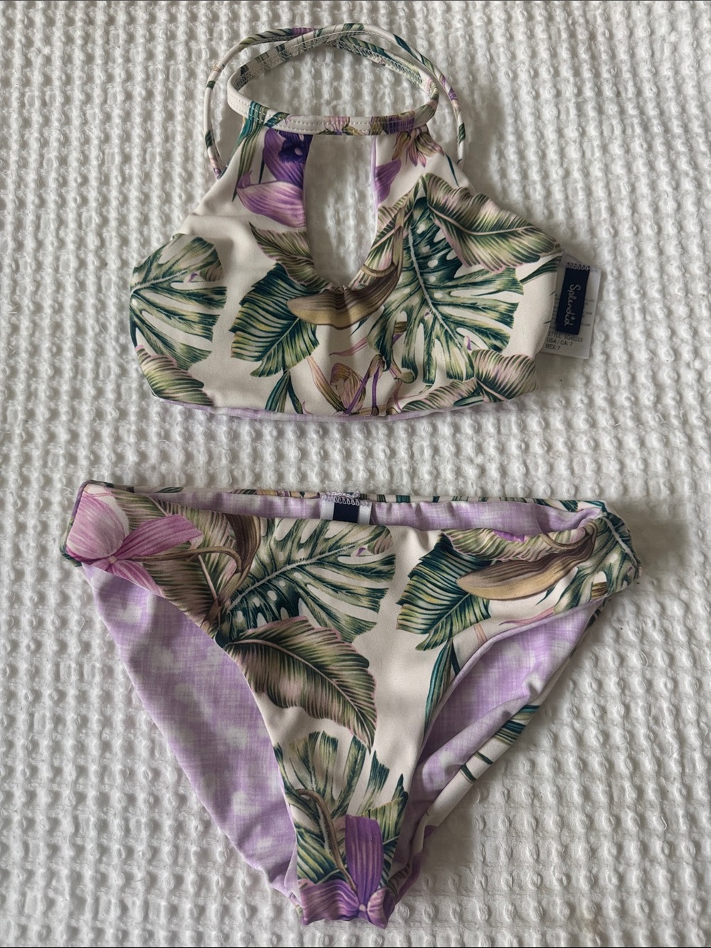 Splendid Girls Tropical Leaf Print Bikini in Green, Purple, Cream